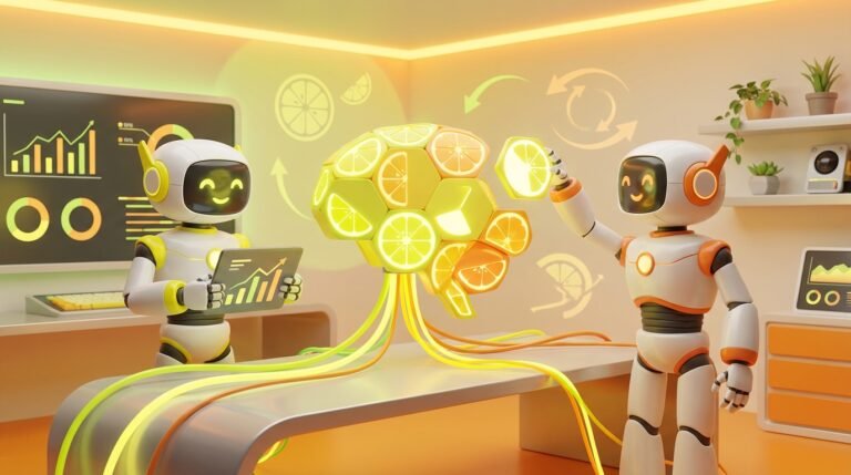 Team of friendly AI robots collaborating in a bright, modern tech space with citrus accents, showing how to build AI that grows alongside your business needs.
