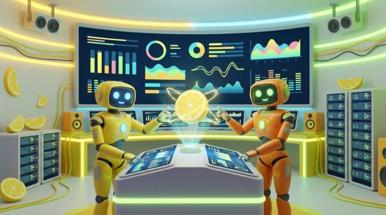 Collaborative 3D robots in a modern citrus workspace, applying Lessons Learned to fix errors and improve tech workflows.