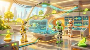 Collaborating 3D bots in a vibrant lemon-hued environment depict What Agent Builders Should Know About RCE.
