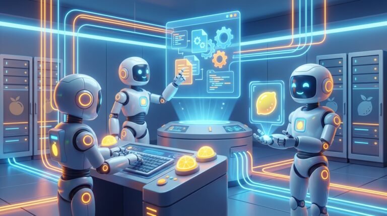 Friendly AI robots in a modern citrus setting, highlighting collaboration rather than the fear of AI Taking Jobs.