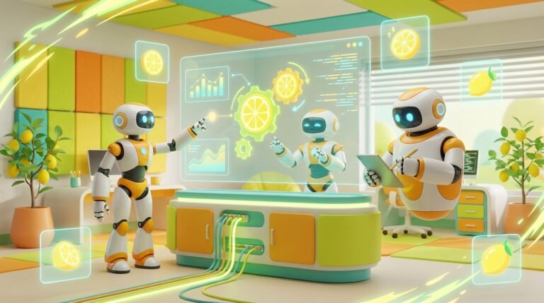 Friendly 3D robots in a modern citrus-themed office, visualizing the dynamic innovation available when you Start Using AI.