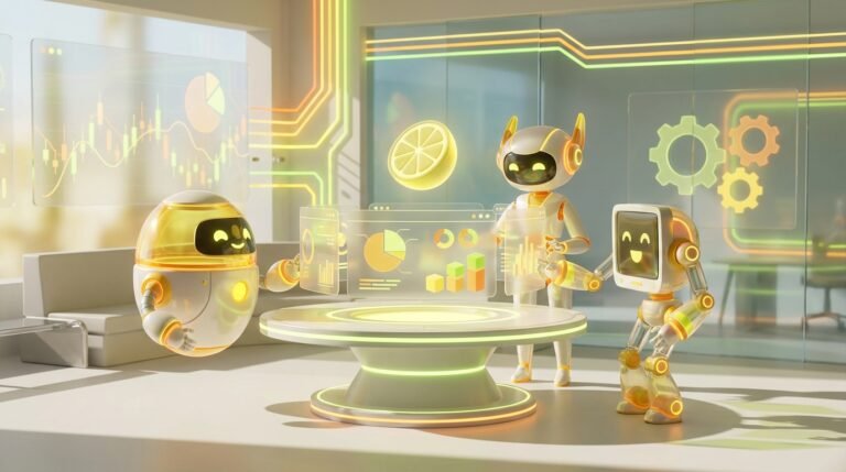 3D-rendered friendly AI robots working together in a vibrant, modern office space, illustrating AI agents for accounting firms.