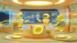 Three AI robots collaborate in a vibrant, modern workspace, illustrating AI hallucination risk in financial services with citrus-inspired 3D design.
