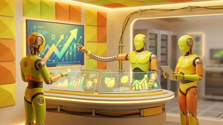 Three AI robots collaborate in a modern, vibrant workspace, visually representing how do you track and measure AI agent performance with citrus-inspired accents.