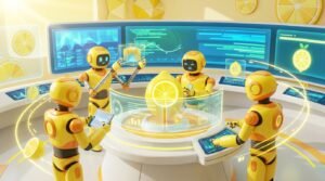 High-quality 3D rendering of friendly AI robots collaborating in a dynamic, tech-focused environment, illustrating what are governed AI agents.