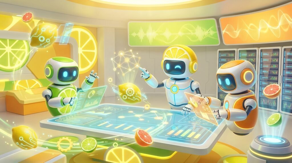 Three friendly AI robots collaborate in a modern, vibrant workspace, visually representing what is an AI agent with dynamic citrus-inspired accents.