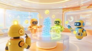 3D-rendered friendly AI robots in a modern tech workspace, representing AI and the concept of AI guardrails in business.