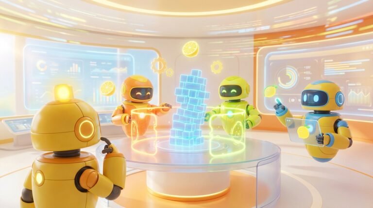 3D-rendered friendly AI robots in a modern tech workspace, representing AI and the concept of AI guardrails in business.