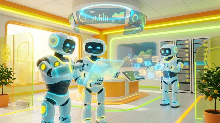 Three 3D AI robots collaborating in a bright, citrus-themed tech room, illustrating the ideal AI model for regulated teams.