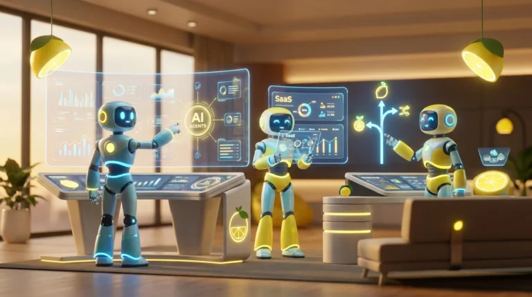 AI agents vs SaaS 3D render offriendly AI robots collaborating in a modern tech room with vibrant lemon-yellow accents and cinematic lighting.