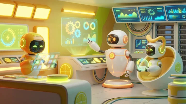 A team of friendly AI robots collaborating in a bright modern tech room showcasing AI for client onboarding with vibrant lemon-yellow 3D rendering.