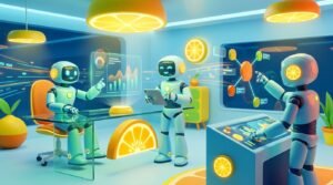 Three friendly 3D robots collaborating in a vibrant, modern tech workspace with bright lemon accents, illustrating efficient AI for consultants.