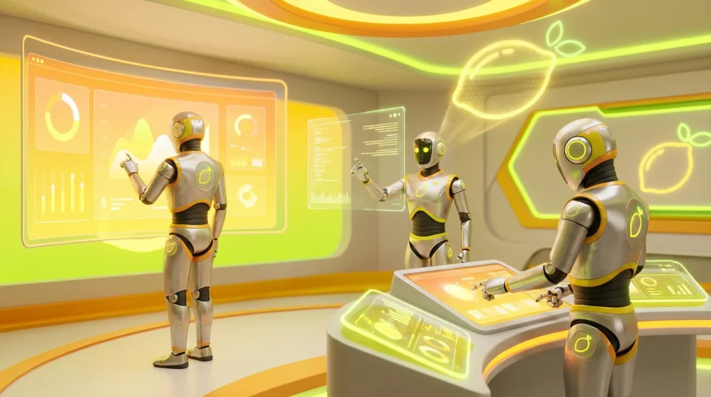 Three friendly AI robots collaborating in a modern audiovisual room, building AI assistants for regulated teams, surrounded by vibrant lemon-inspired yellow accents and citrus-themed technology, cinematic 3D render with bright energetic lighting and shallow depth of field.