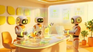A group of friendly 3D AI robots collaborating on financial tasks in a bright, lemon-accented tech room, illustrating how to build AI agents no code.