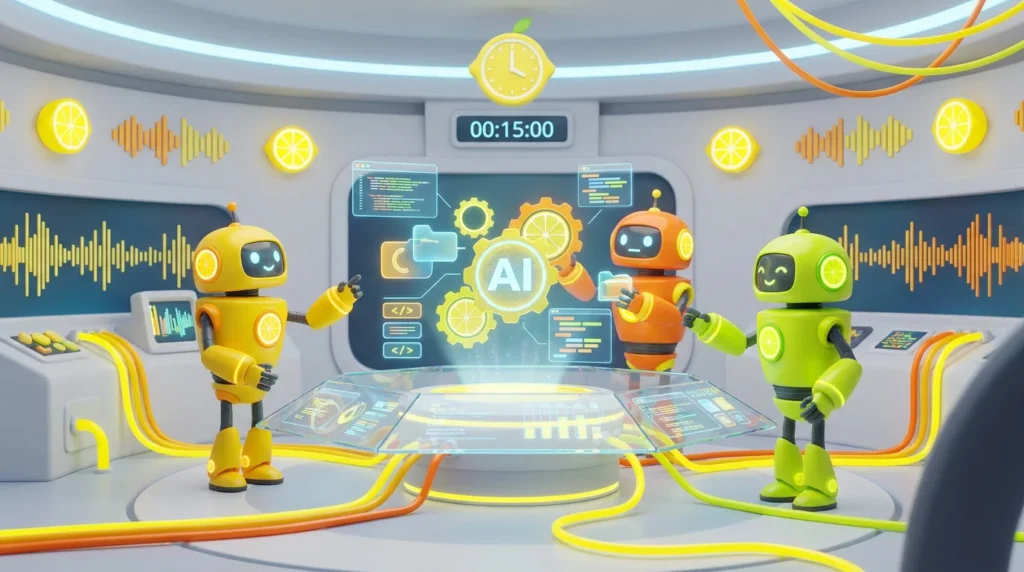 Three friendly AI robots collaborating in a modern audiovisual room to build AI tools, featuring a bright, energetic colour palette with lemon-inspired yellow accents.