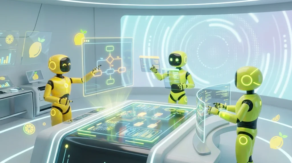 Three friendly, stylised 3D AI robots working collaboratively in a modern, tech-forward audiovisual room, surrounded by vibrant citrus and lemon-inspired yellow accents. The robots are engaged in analytical work, symbolizing the creation of efficient AI agent workflows that deliver instant ROI.