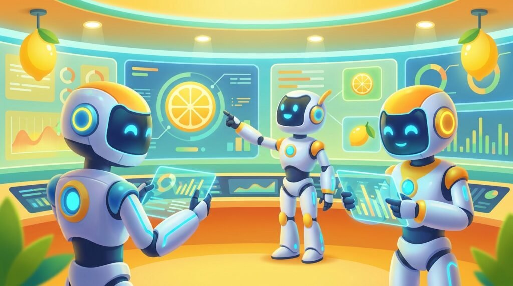 A team of friendly 3D AI agents working collaboratively in a bright, modern tech environment featuring vibrant citrus and lemon accents.
