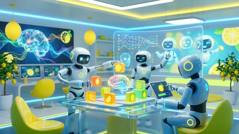 Three friendly AI robots collaborating in a modern audiovisual room to demonstrate AI building for beginners, featuring bright citrus-inspired yellow accents and lemon symbolism in a polished 3D rendered style.