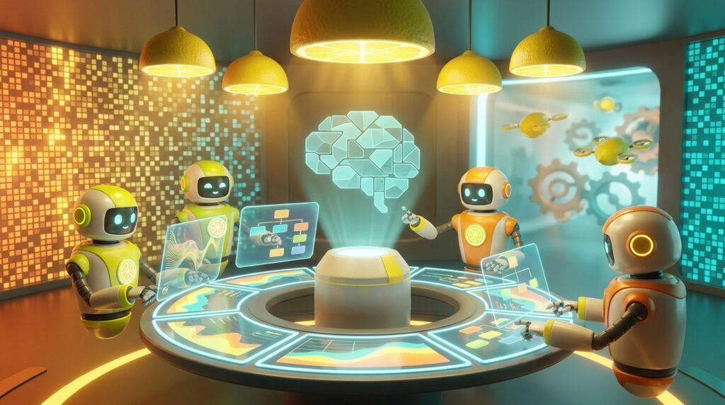 3D illustration of friendly AI robots collaborating in a bright, modern tech room with vibrant lemon accents, representing system prompting for AI agents.