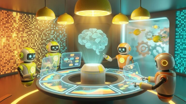 3D illustration of friendly AI robots collaborating in a bright, modern tech room with vibrant lemon accents, representing system prompting for AI agents.