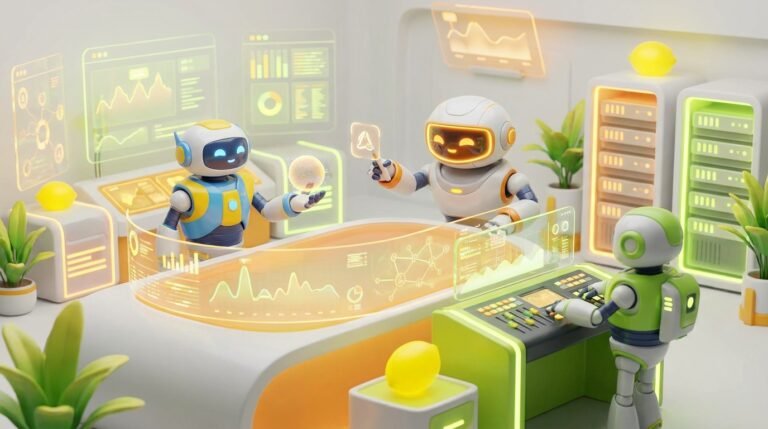 A team of friendly 3D robots collaborating in a modern, vibrant workspace with lemon accents, representing professional services AI.