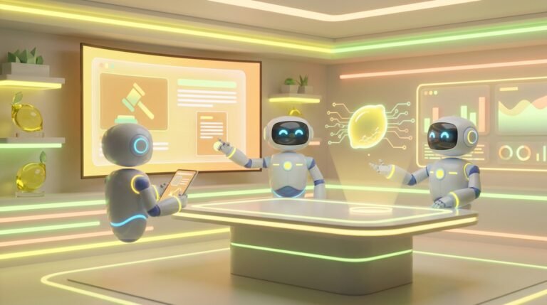 A team of friendly 3D AI robots collaborating in a bright, modern tech room with vibrant lemon accents, representing the use of AI for small law firms.