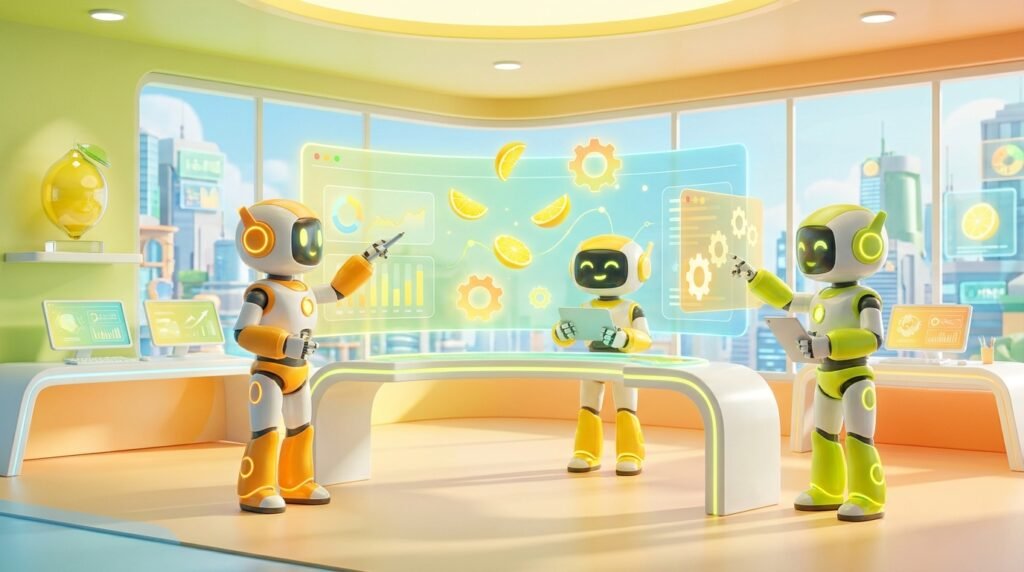 A team of friendly 3D AI robots collaborating in a vibrant, citrus-themed modern tech room, representing effective AI governance for teams.