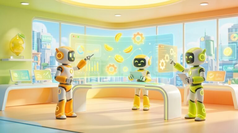 A team of friendly 3D AI robots collaborating in a vibrant, citrus-themed modern tech room, representing effective AI governance for teams.
