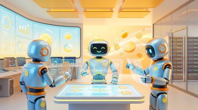 A team of friendly 3D AI robots collaborating on analytical tasks in a vibrant, modern workspace with lemon accents, representing standardized AI For Consulting Firms.