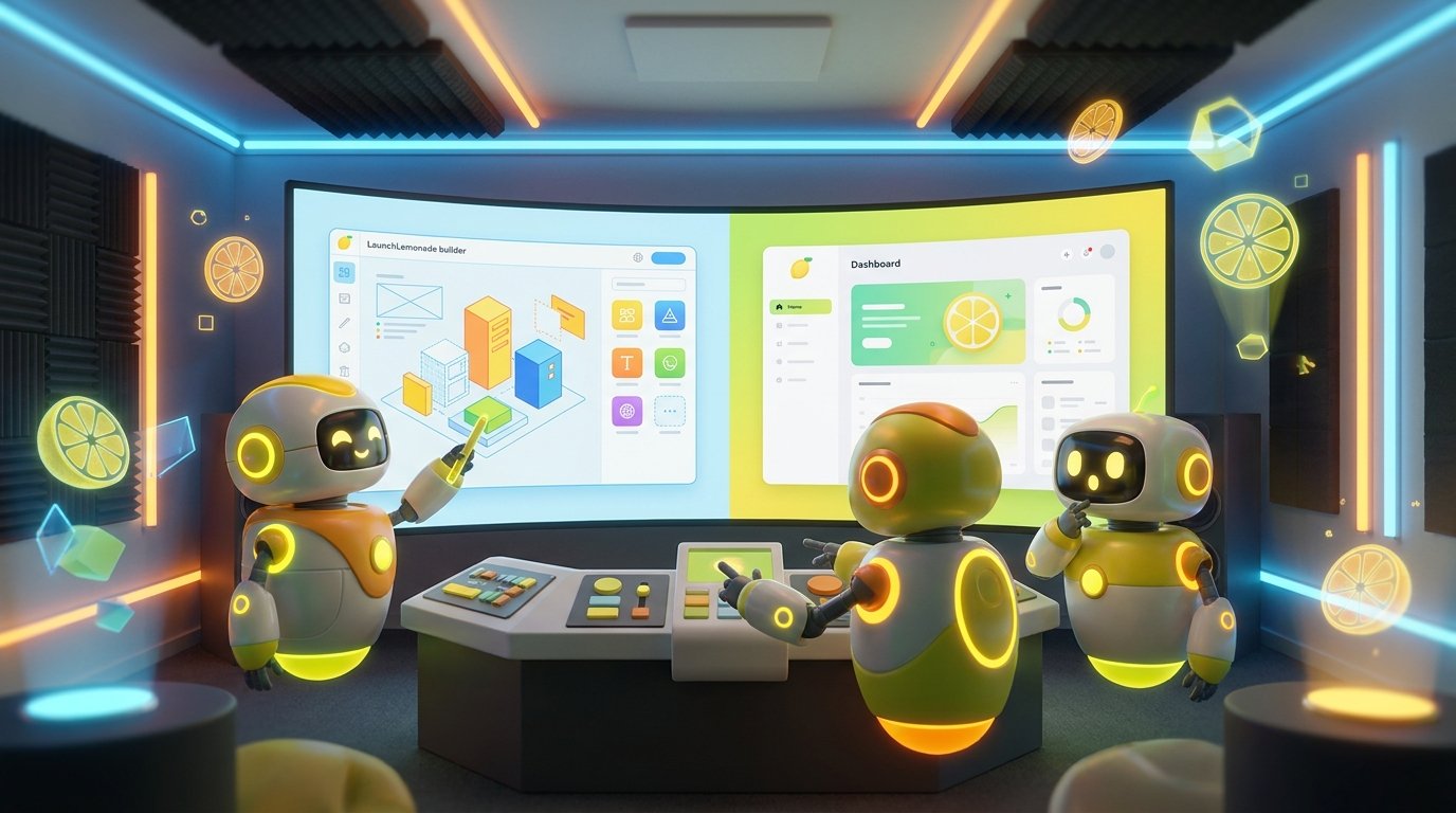 split screen showing the LaunchLemonade builder on the left and the final, white-labeled client view on the right