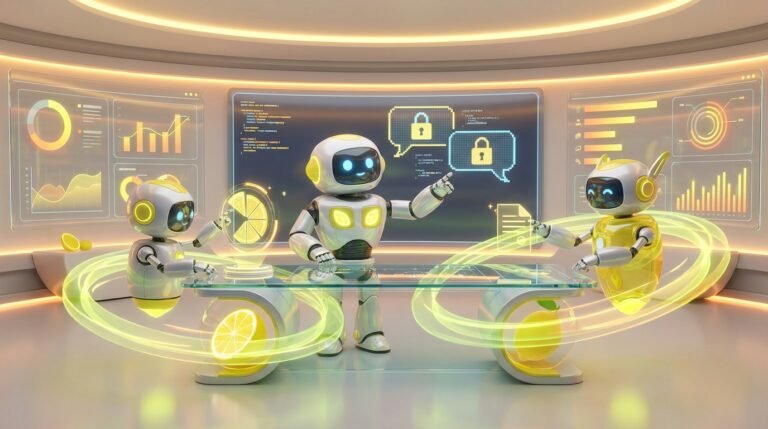 A team of friendly 3D AI robots working collaboratively in a vibrant, modern tech workspace with bright citrus and lemon accents, illustrating secure professional services AI analyzing and protecting data.