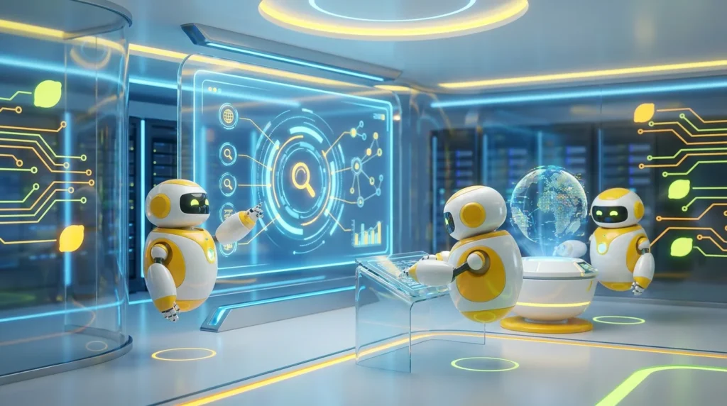 3D illustration of friendly AI robots collaborating in a modern tech room, analyzing data and content retrieval workflows to demonstrate RAG optimization strategies for AI-powered search visibility.