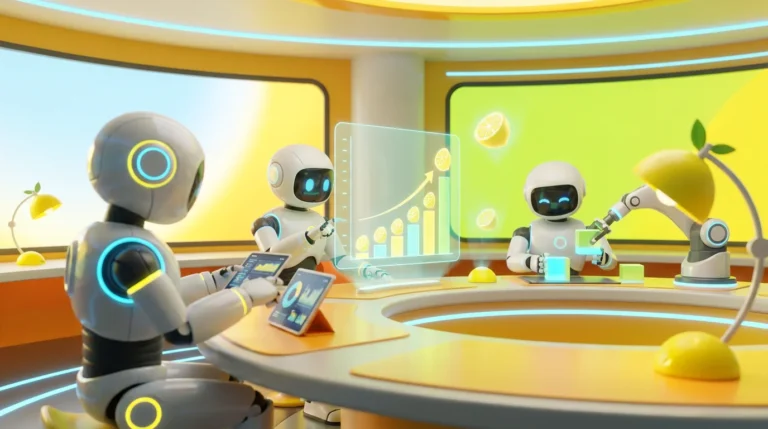 Three friendly AI robots collaborating in a bright, modern tech room with vibrant lemon and citrus accents, demonstrating how small teams can scale without hiring.