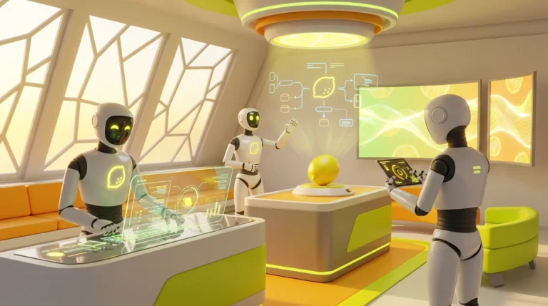 Understanding AI Agents three friendly AI robots collaborating in a modern audiovisual tech room with bright lemon-yellow accents, 3D rendered in a clean, energetic style.