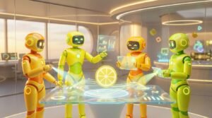 Vibrant 3D render of friendly robots collaborating in a modern tech room with lemon accents, representing AI consulting for firms.