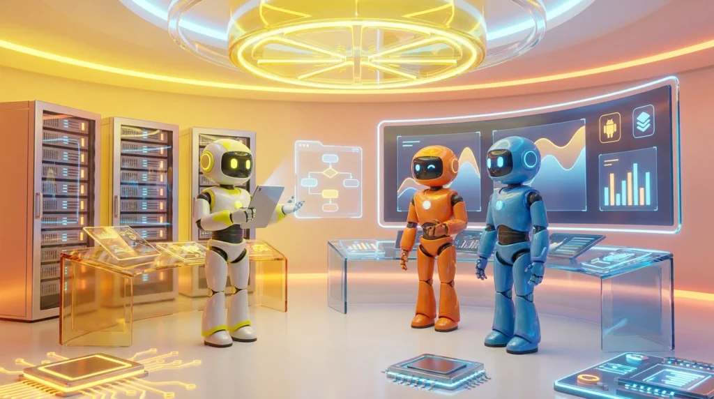 Vibrant 3D illustration featuring AI robots collaborating in a bright tech environment with zesty lemon symbolism, showcasing an innovative Whitelabel AI Platform.