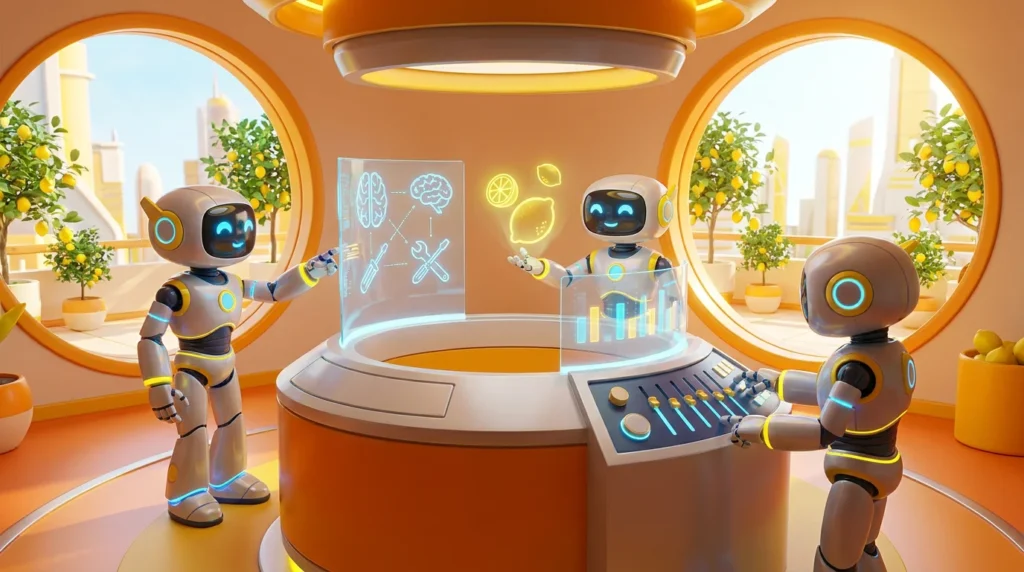 Three stylised AI robots working collaboratively in a modern audiovisual room with citrus and lemon-inspired yellow accents, representing an accessible AI platform.