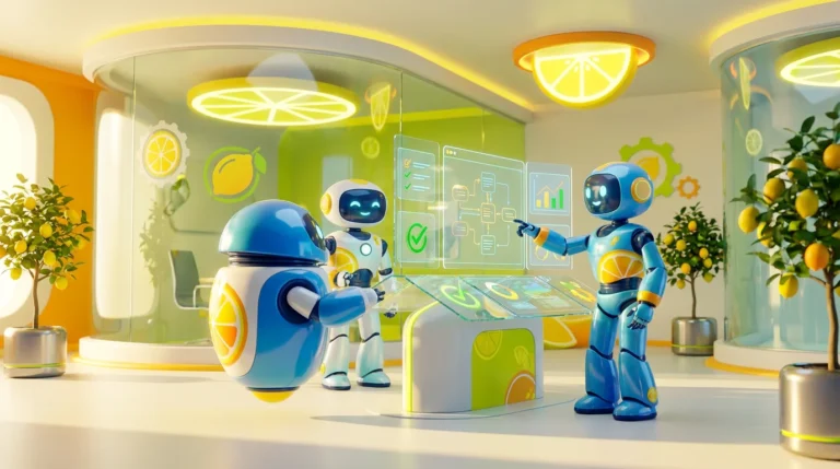 AI robots in a bright, modern workspace demonstrating AI for compliance teams collaborative 3D scene with lemon-yellow accents, floating data visualizations, and a playful yet professional tech environment.