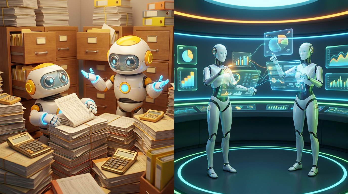 an infographic showing a traditional accounting workflow versus an automated AI-assisted workflow.