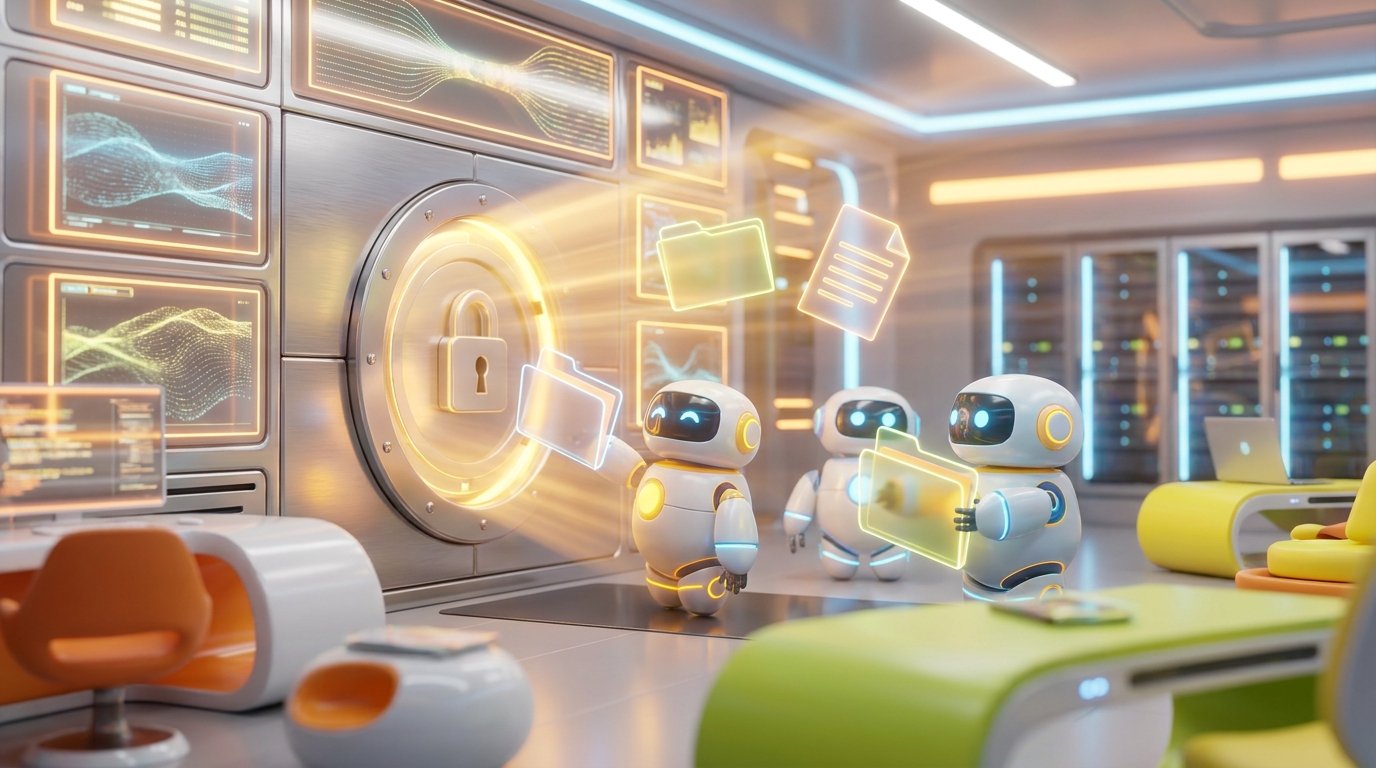 An illustration depicting PDF icons and document folders sliding securely into a digital vault labeled "AI Memory Vault.