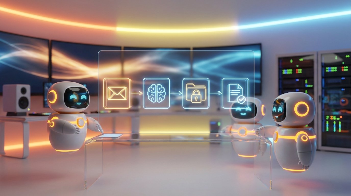 A simple clean flowchart illustrating the four steps from the table above: incoming email (Trigger) -> brain icon (Assessment) -> lock/folder icon (Data Check) -> finished document (Final Output).