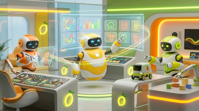 Three friendly 3D robots collaborating in a bright, modern workspace with vibrant lemon-yellow accents, illustrating how AI makes daily life easier.