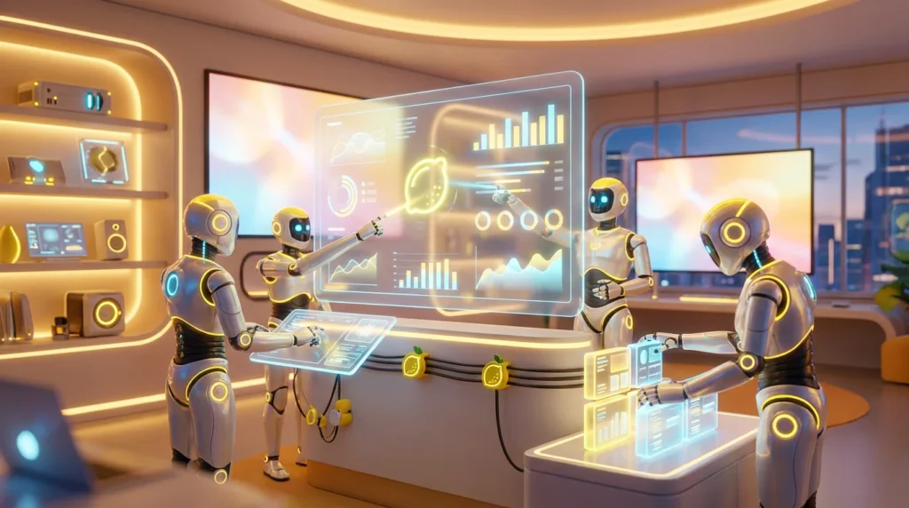 AI audit trail checklist for financial firms illustrated by three friendly AI robots reviewing compliance data and verification records in a modern financial technology workspace with vibrant lemon-yellow accents.