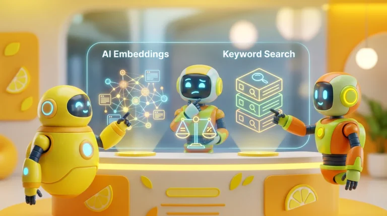 A 3D illustration of friendly AI robots analyzing data in a vibrant, lemon-accented tech room to compare AI embeddings vs keyword search.