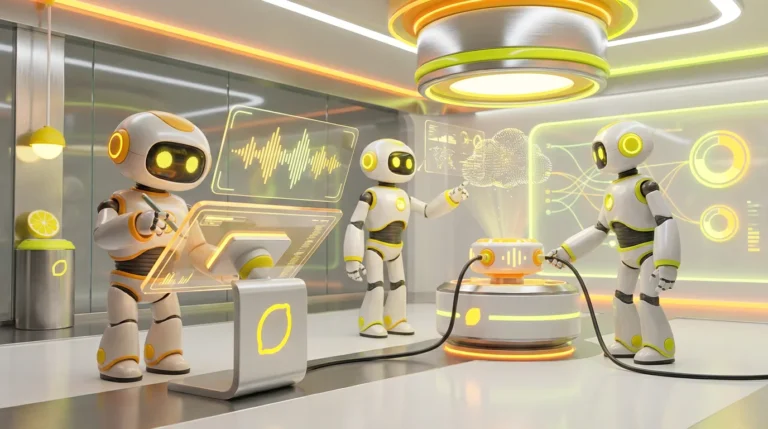 A vibrant 3D render of friendly AI robots collaborating in a modern, tech-forward room with bright lemon-yellow accents, illustrating the concept of AI grounding.