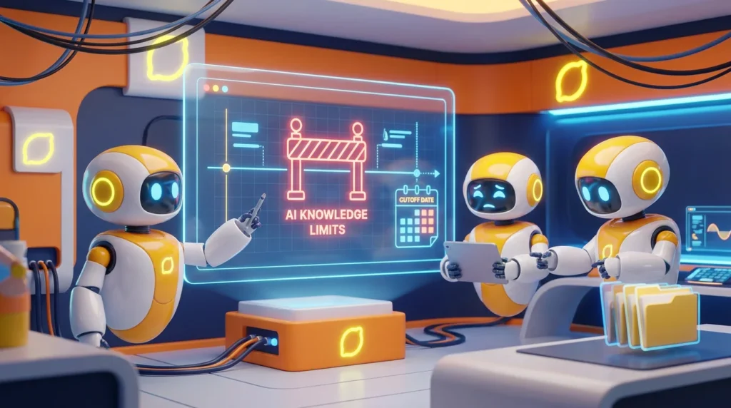 Three friendly AI robots collaborating in a bright, modern tech room with vibrant lemon-yellow accents, illustrating the concept of AI knowledge cutoff explained.