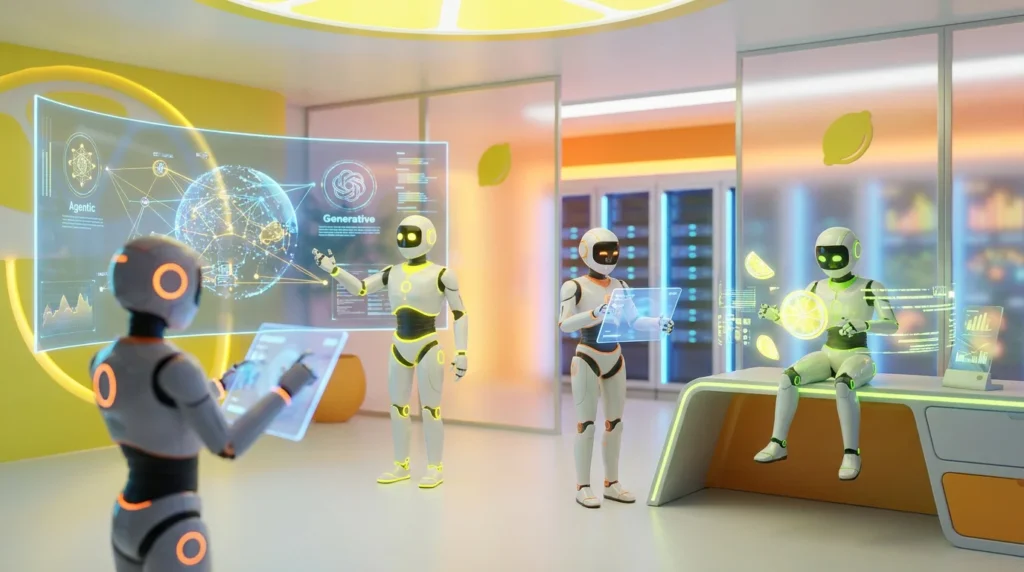 A vibrant 3D illustration representing Agentic AI vs Generative AI, featuring a team of friendly AI robots collaborating in a modern, high-tech workspace with bright citrus and lemon accents.