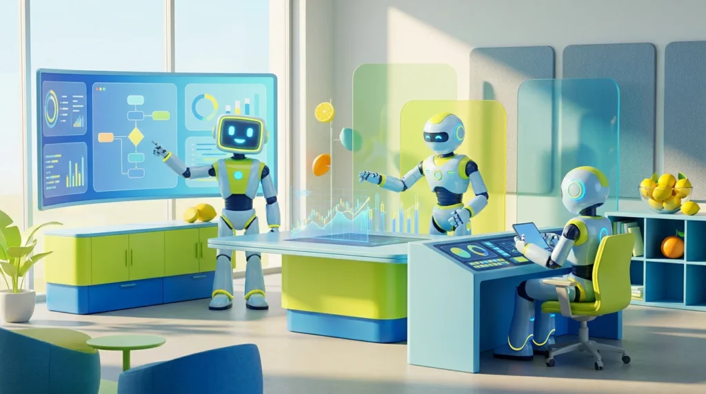 Three friendly AI robots collaborate on financial dashboards and automated reporting workflows in a vibrant, lemon-accented tech room, illustrating the best AI workflows for fractional CFOs.