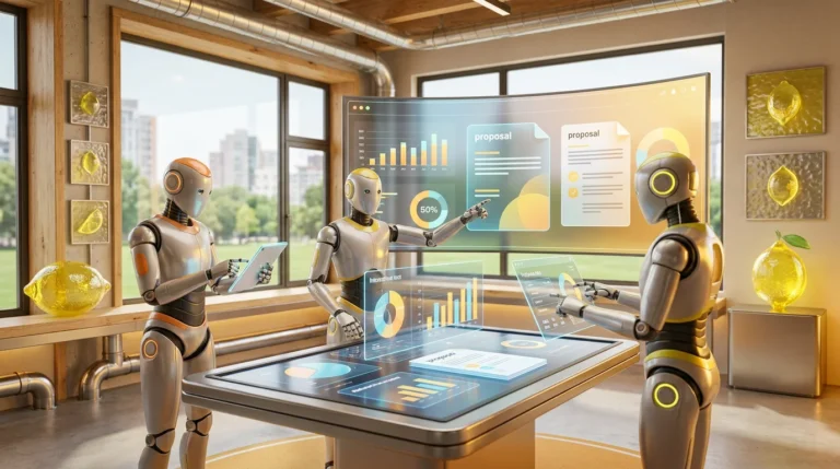 Three friendly AI robots collaborate in a vibrant, lemon-accented audiovisual workspace to automate proposals with custom AI.