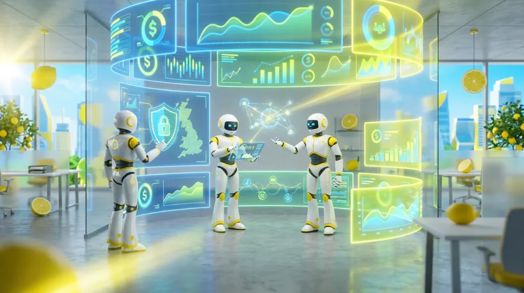 Three friendly AI robots collaborate in a secure UK financial advisory workspace, reviewing protected data dashboards with lemon-yellow accents.
